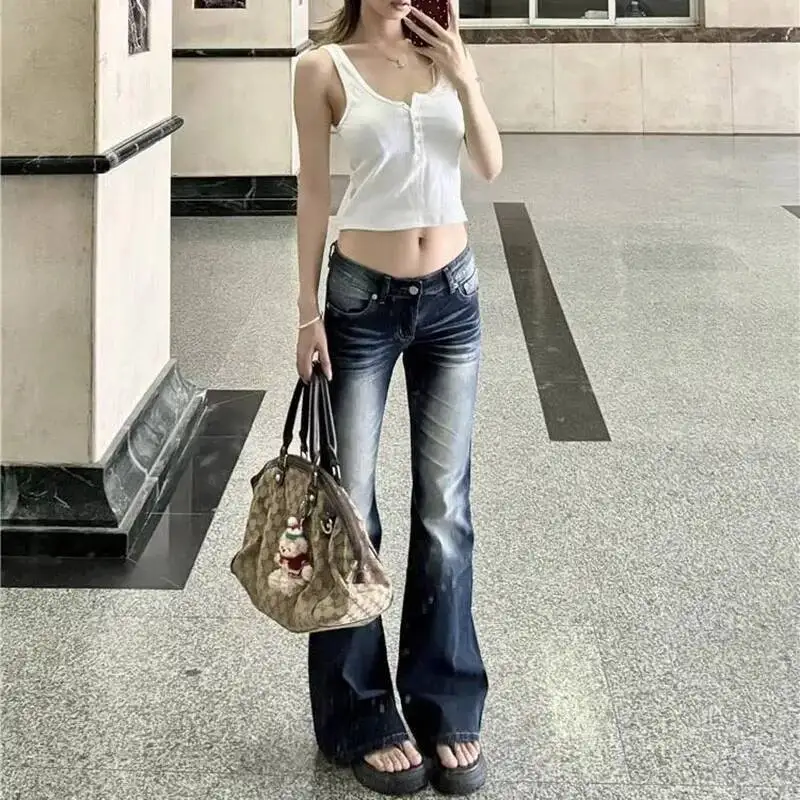Women Fashion Washed Denim Flares Pants Korean Style Low Waist Slimming Wide Leg Jeans Female Streetwear Sexy Slim Y K Trousers