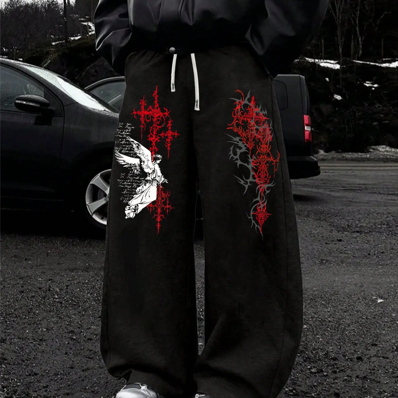 Men's Casual Straight Leg Pants Original Thorn Angel Print Sports Jogging Pants Straight Leg Pants, New Spring and Summer Styles