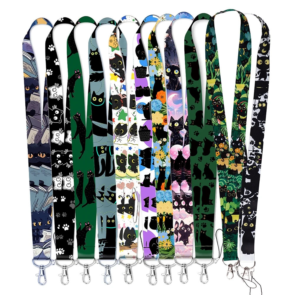 Mixed 10pcs Random Cartoon Black Cat Lanyards For Keys Keychain Badge Holder ID Credit Card Pass Hang Rope Key Ring Accessories