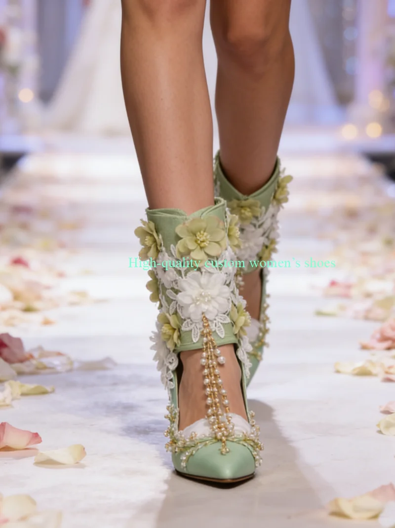 Spring Green French Toe Instep High  Summer Sandals White And Yellow Flower Decorations Adorned With White Pearls Luxury Sandals