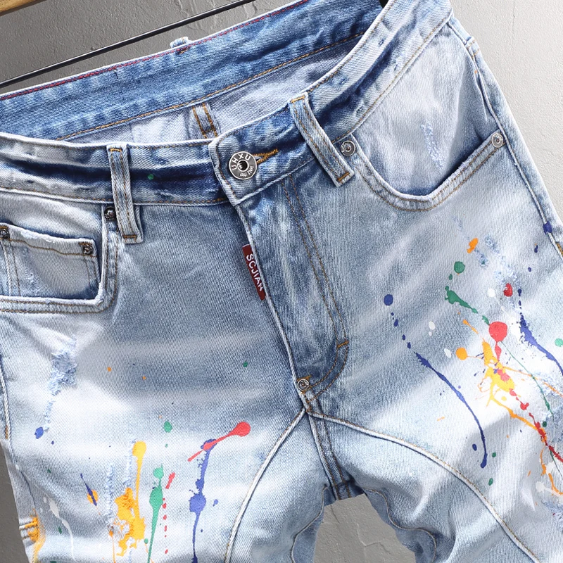 Summer Fashion Men Jeans Retro Light Blue Elastic Spliced Ripped Short Jeans Men Painted Designer Hip Hop Denim Shorts Hombre