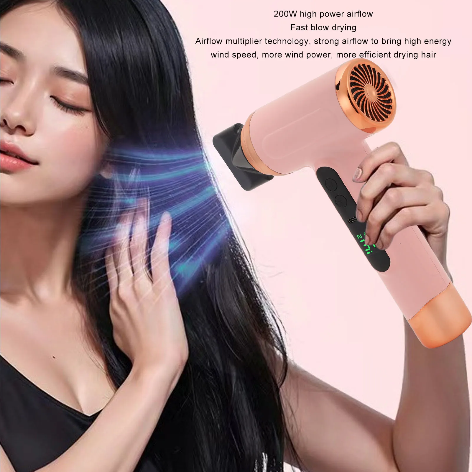 

Modern Cordless Hair Dryer USB Charging Ergonomic Grip Fast Drying Multi Modes Hot Cold Air Hair Dryer Lightweight 200W for Home