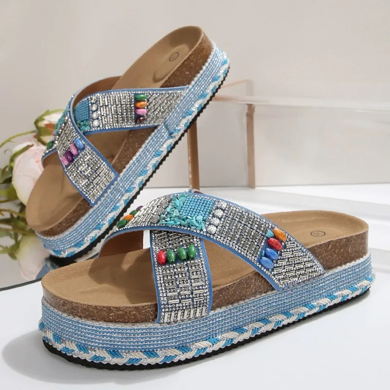 Crossover Diamantbesetzte Riemen-Plateau-Sandalen in Übergröße, Sommer-Neuheit mit Runder Spitze, Offener Zehenbereich, Rutschfeste Flache Sandalen