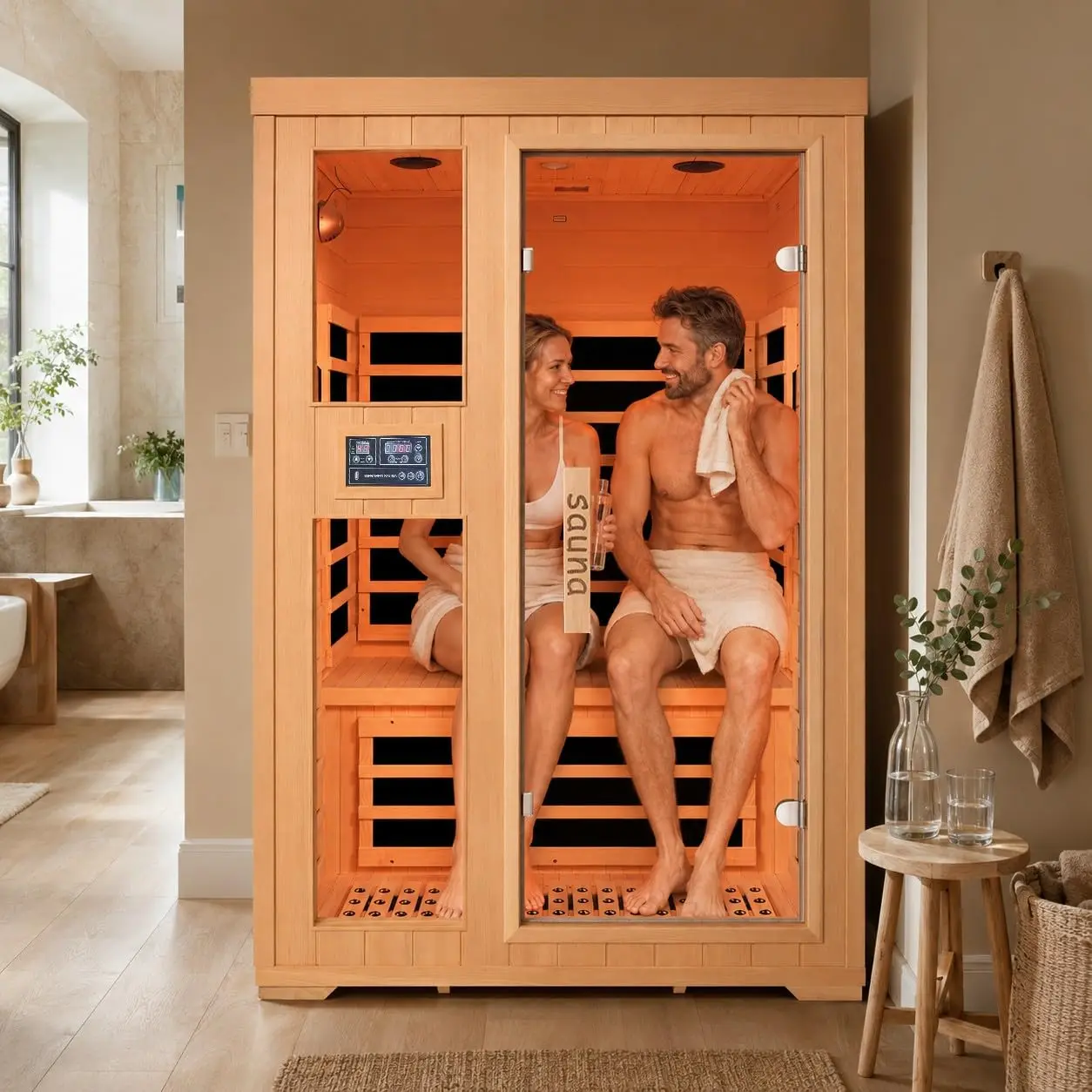 2-Person Low EMF Far Infrared Sauna for Home,Canadian Hemlock Wood with 7-Color Therapy,Bluetooth, Customized
