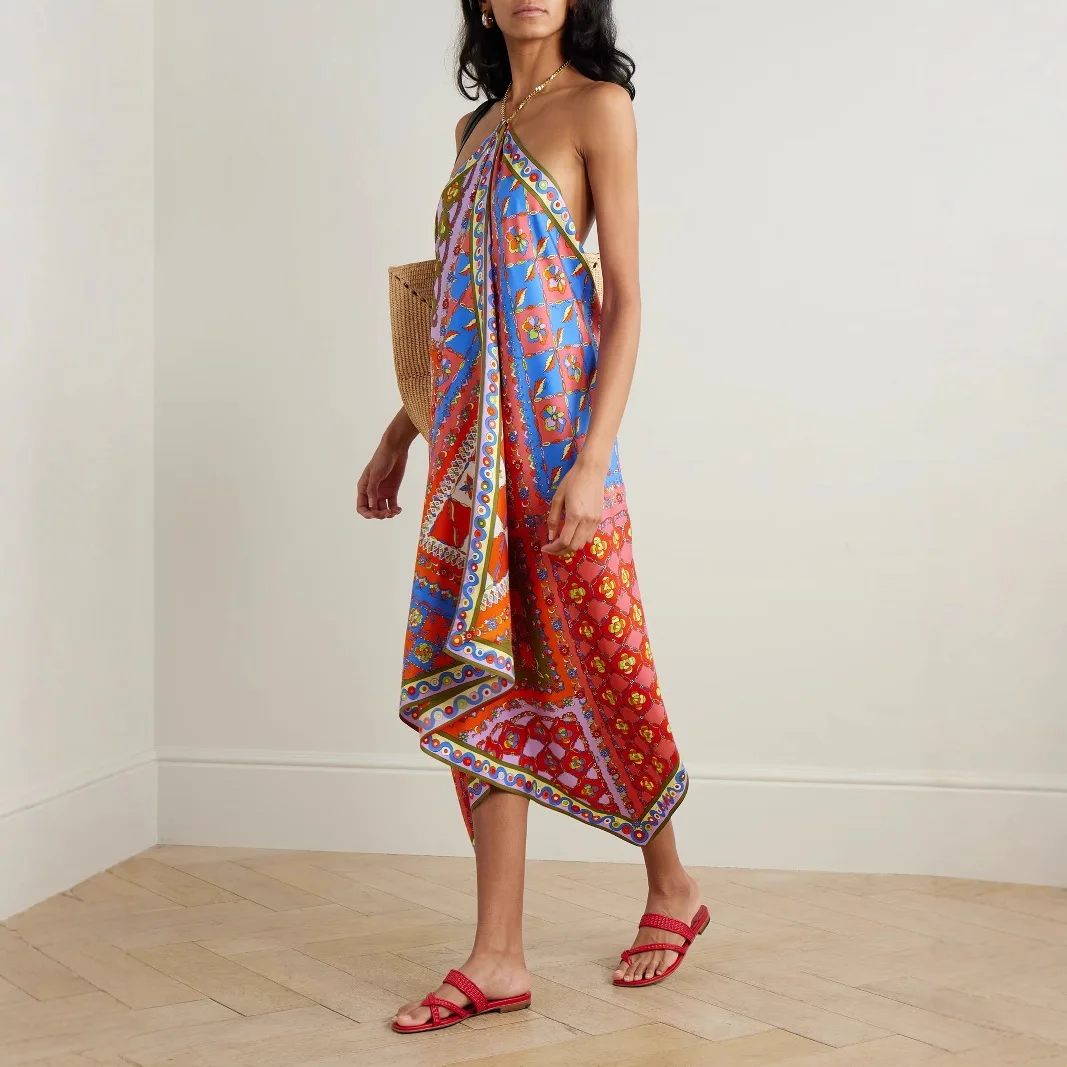 

Bohemian Print Halter Neck Dresses Women Satin Sexy Backless Loose Irregular Long Dress Fashion Beach Vacation Style Vestidos