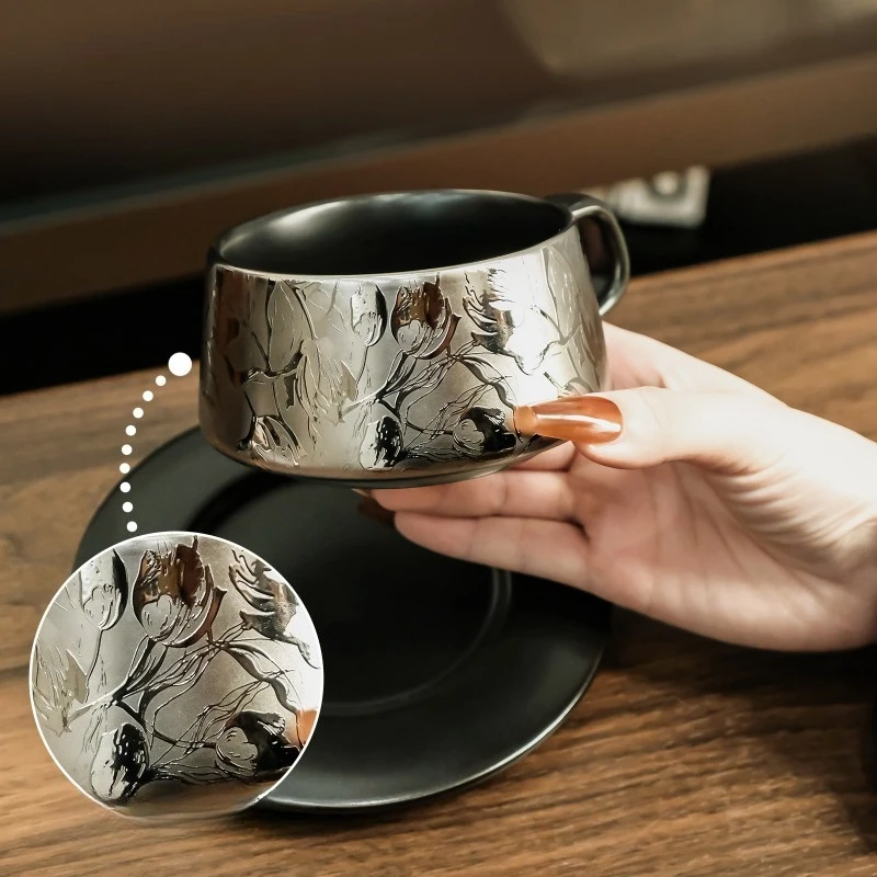 Titanium Style Plated Ceramic Coffee Mug Set,Large Capacity Cup with Saucer, Luxury Drinkware for Home Office Cafe, Premium Gift