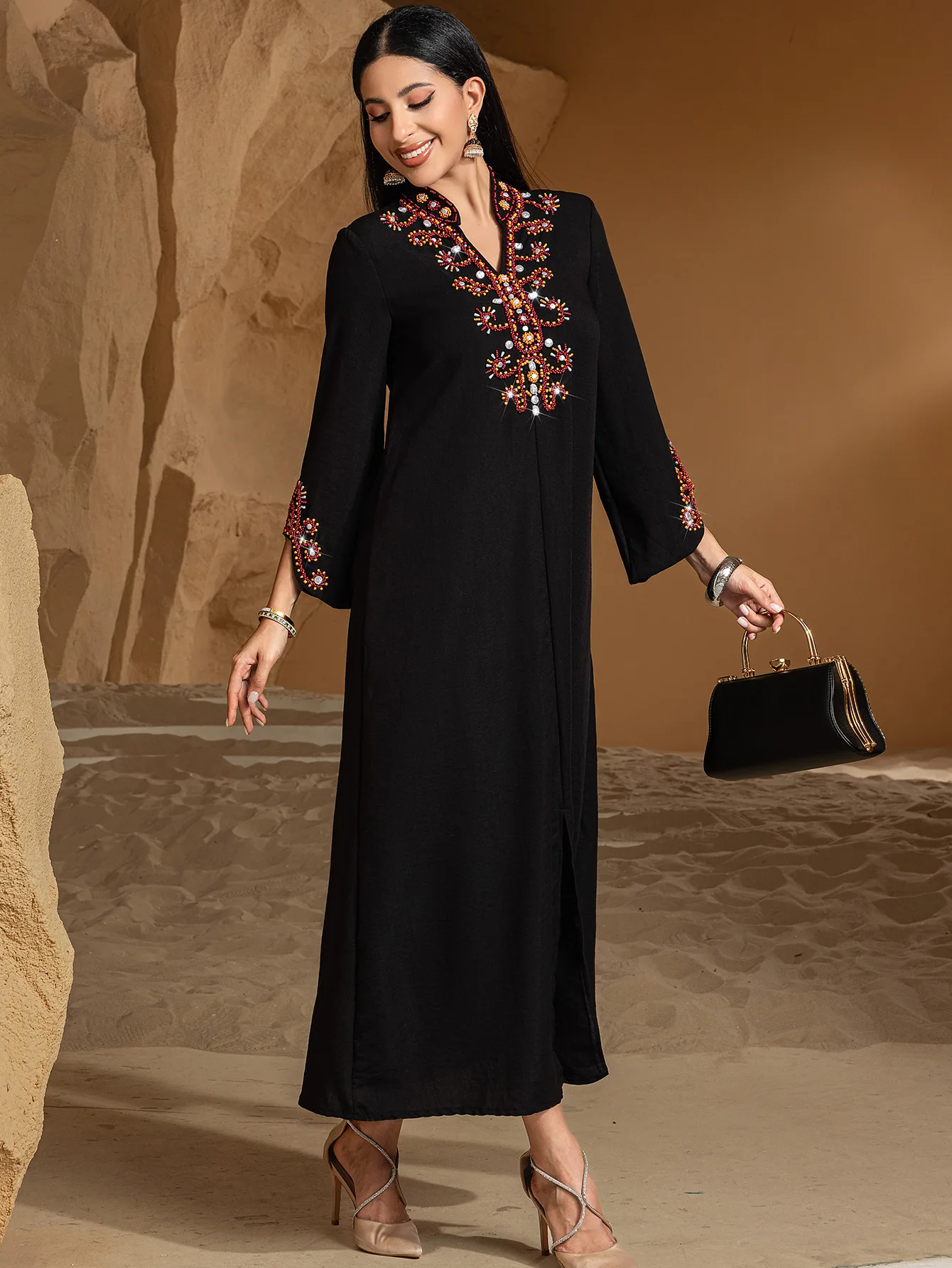 Ramadan Morocco Islamic New High end Rice Bead Embroidery Muslim Fashion Black Dress Abaya in Stock Robe Arab Long Dress