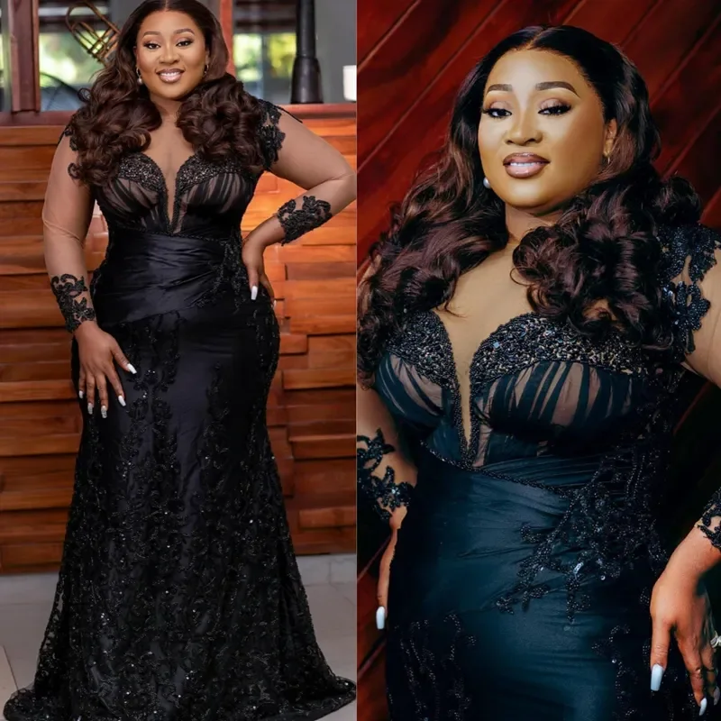 

Newest Plus Size Prom Dresses Illusion Mermaid Long Sleeves Lace Tulle Evening Formal Dress Customized