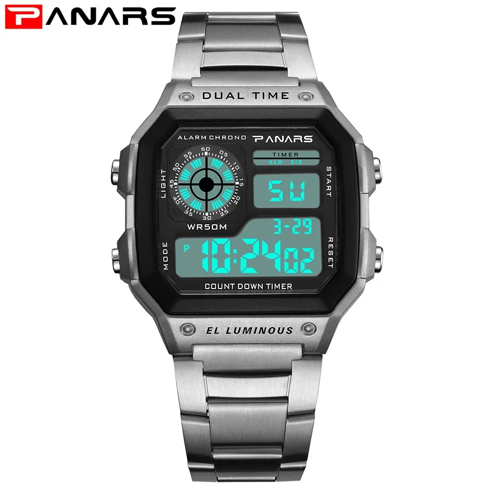 PANARS Top Luxury Stainless Steel Strap Sport Watches Mens Waterproof Back Light Digital Wristwatch Male Alarm