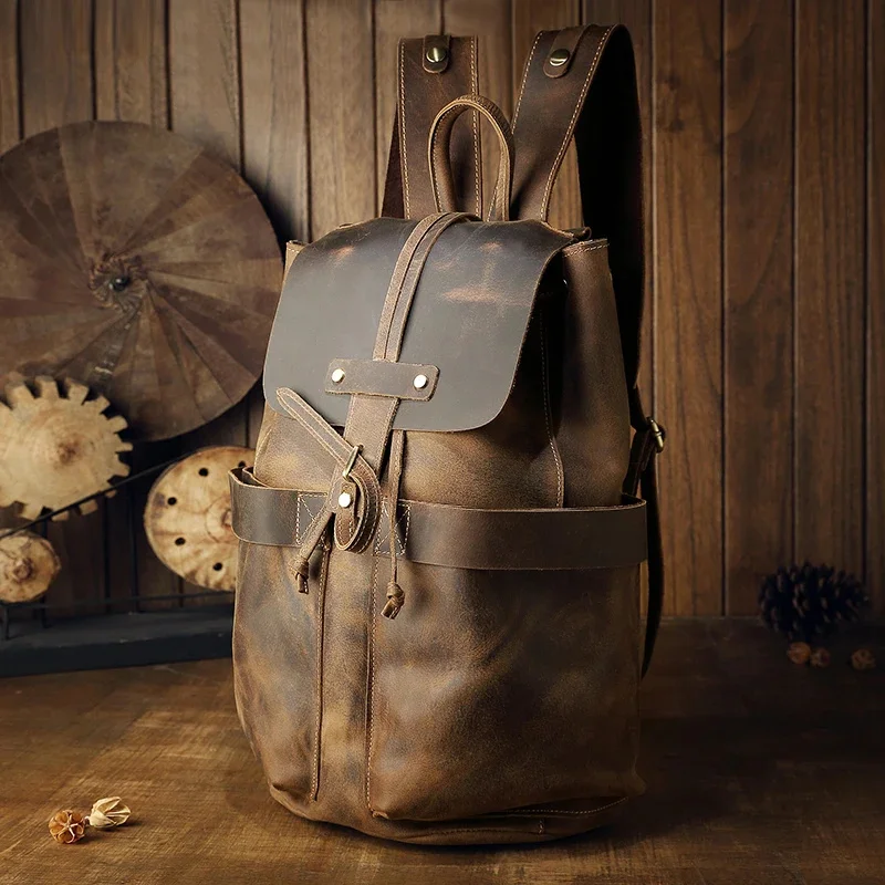 Vintage Genuine Cowhide Leather Backpack Men's Large Capacity Climbing Rucksack Multifuctional Laptop Bag Business School