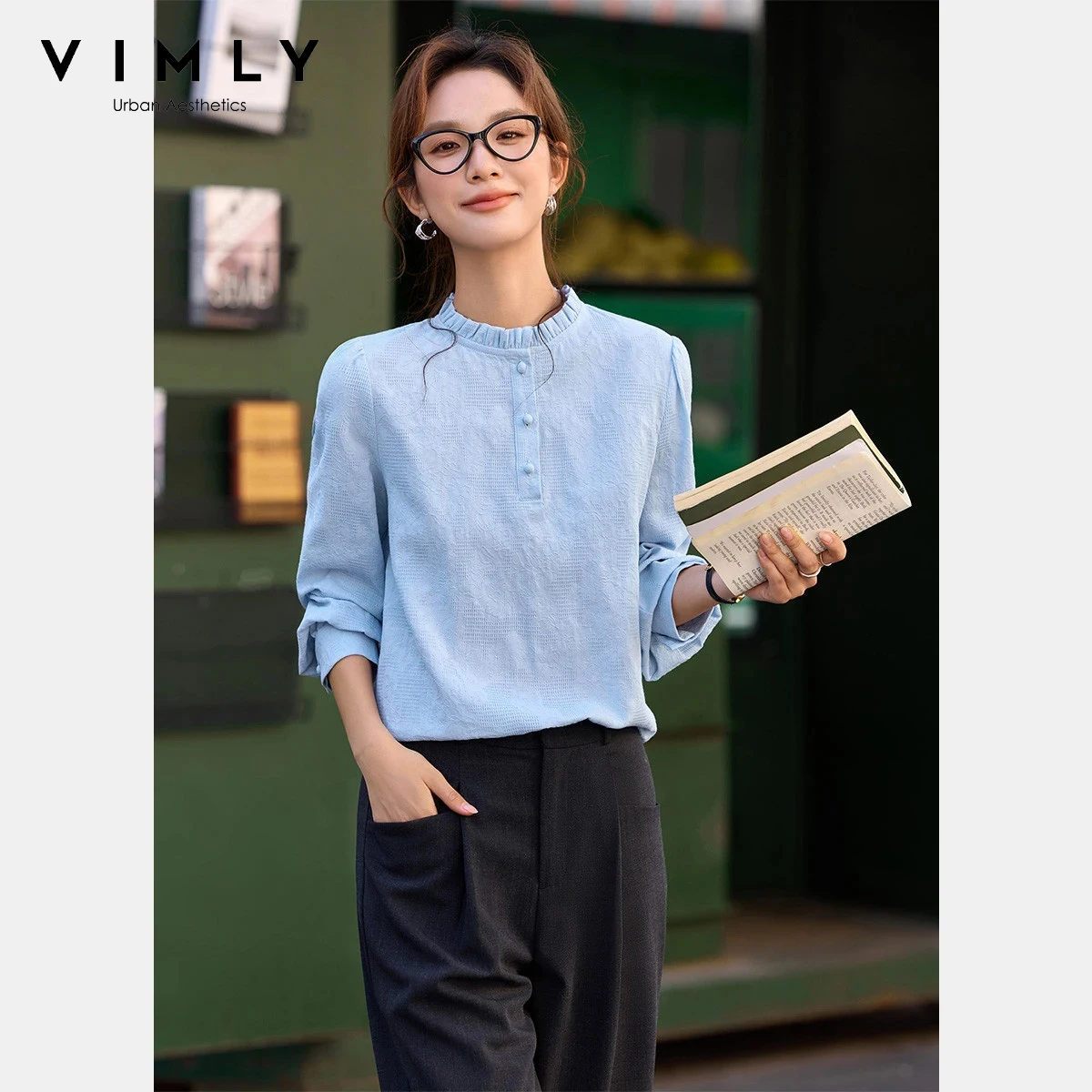 

VIMLY Women's Blue Cotton Shirts 2026 Spring Autumn Elegant Ladies Commute Fungus Trim Long Sleeve Tops Woman Blouse A3820