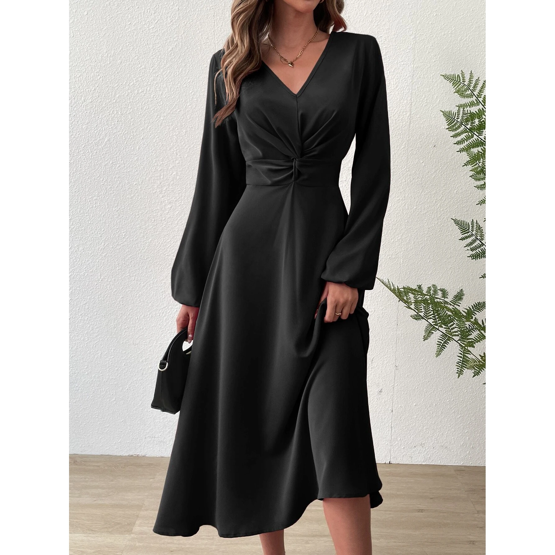 Ele V-ne Midi Dr 2024 خريف وشتاء عالي الخصر على شكل حرف a Sister Sle Long Sve Ele Dr للنساء