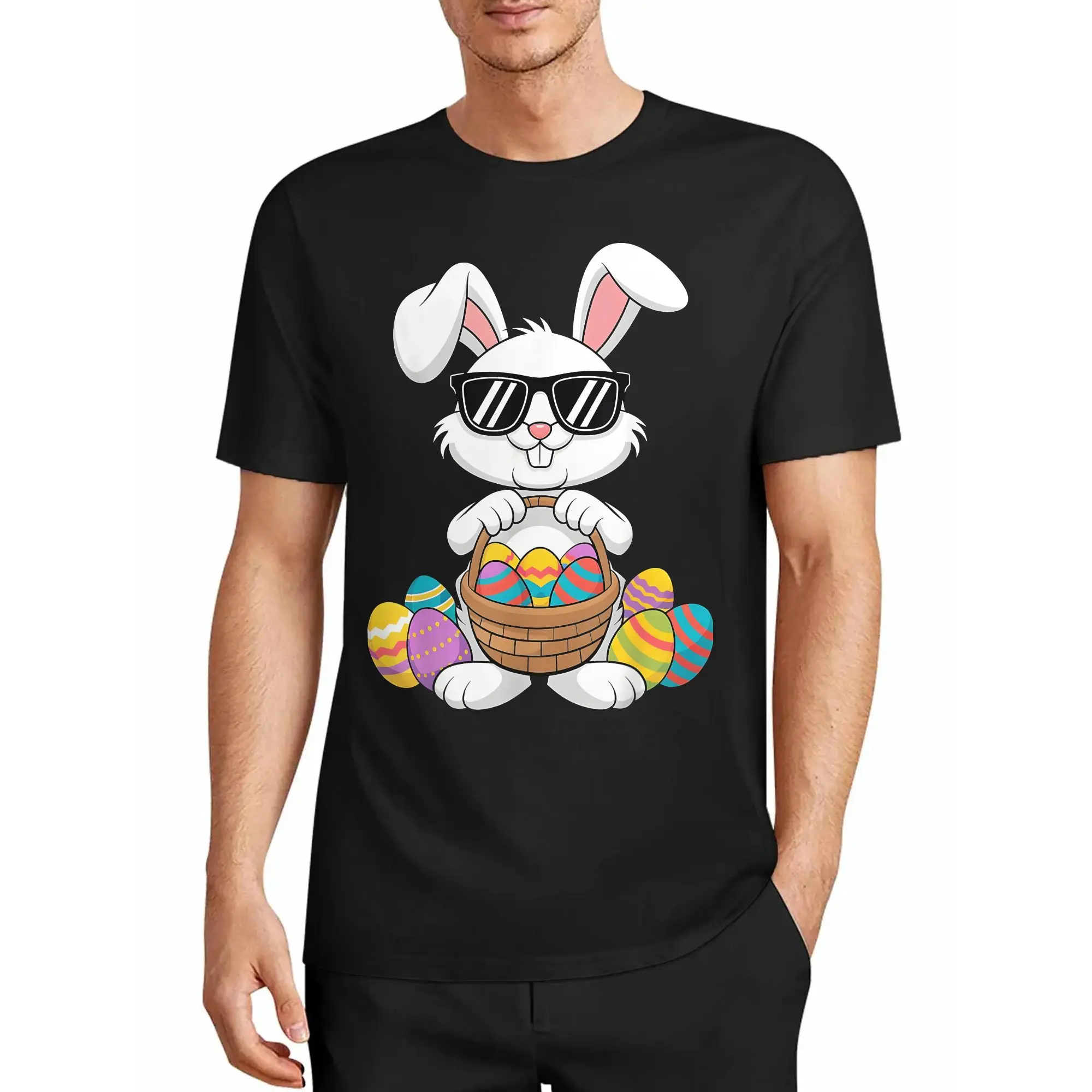 Sunglasses Enhance Cool and Stylish Vibe, a Basket Full of Colorful Eggs, Unlocking a Different Kind of Trendy and Cool Easter Experience. Casual T-Shirt