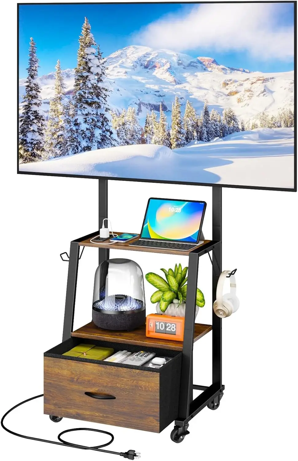 

Rolling TV Stand on Wheels with Mount & Fabric Storage Drawer, Entertainment Center with Power Outlet, Portable TV Stand