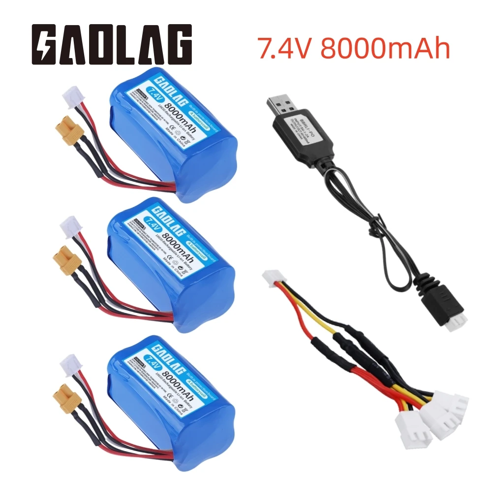 7.4V 8000mAh Li-ion rechargable battery XT30/USB charger for HUINA 1580 1583 580 550 582 1/14 RC Electric Construction Excavator