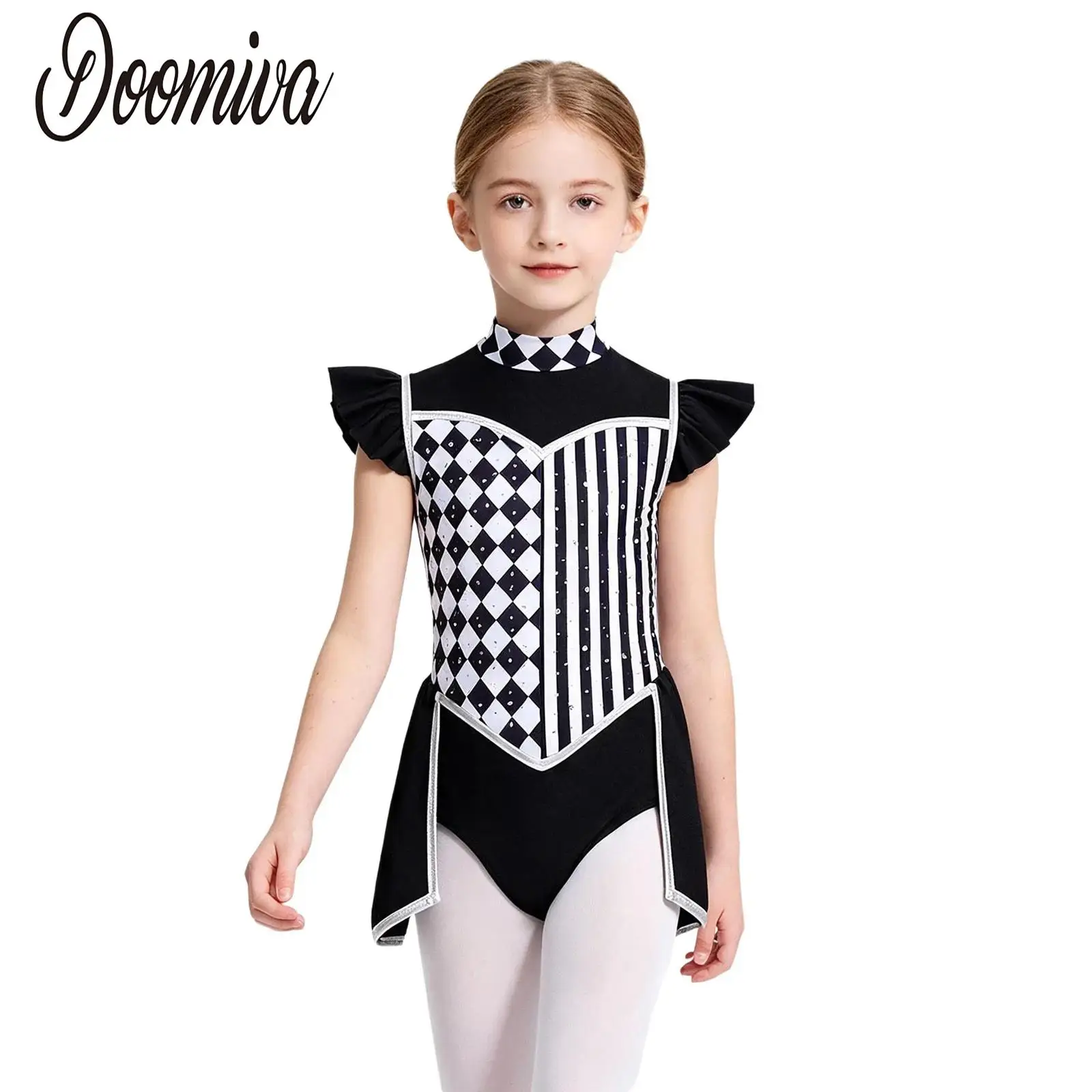 Kids Girls Circus Clown Costume Ballet Dance Dress Rhombus Striped Printed Bodysuit Patchwork Skirted for Masquerade Performance