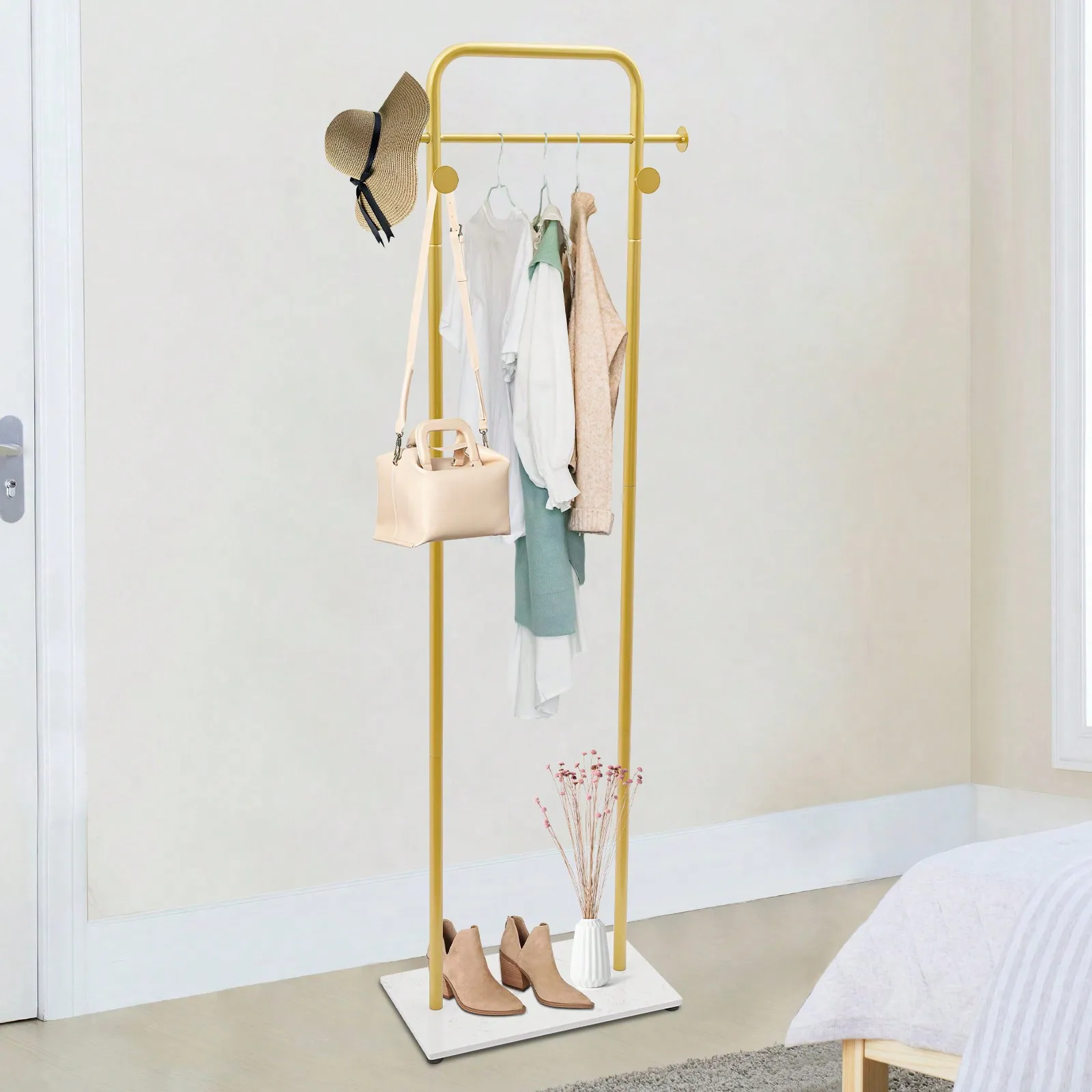 

Gold/White Freestanding Clothes Coat Rack With Shelf, Metal Clothing Display Rack For Boutiques, Heavy Duty Garment Rack