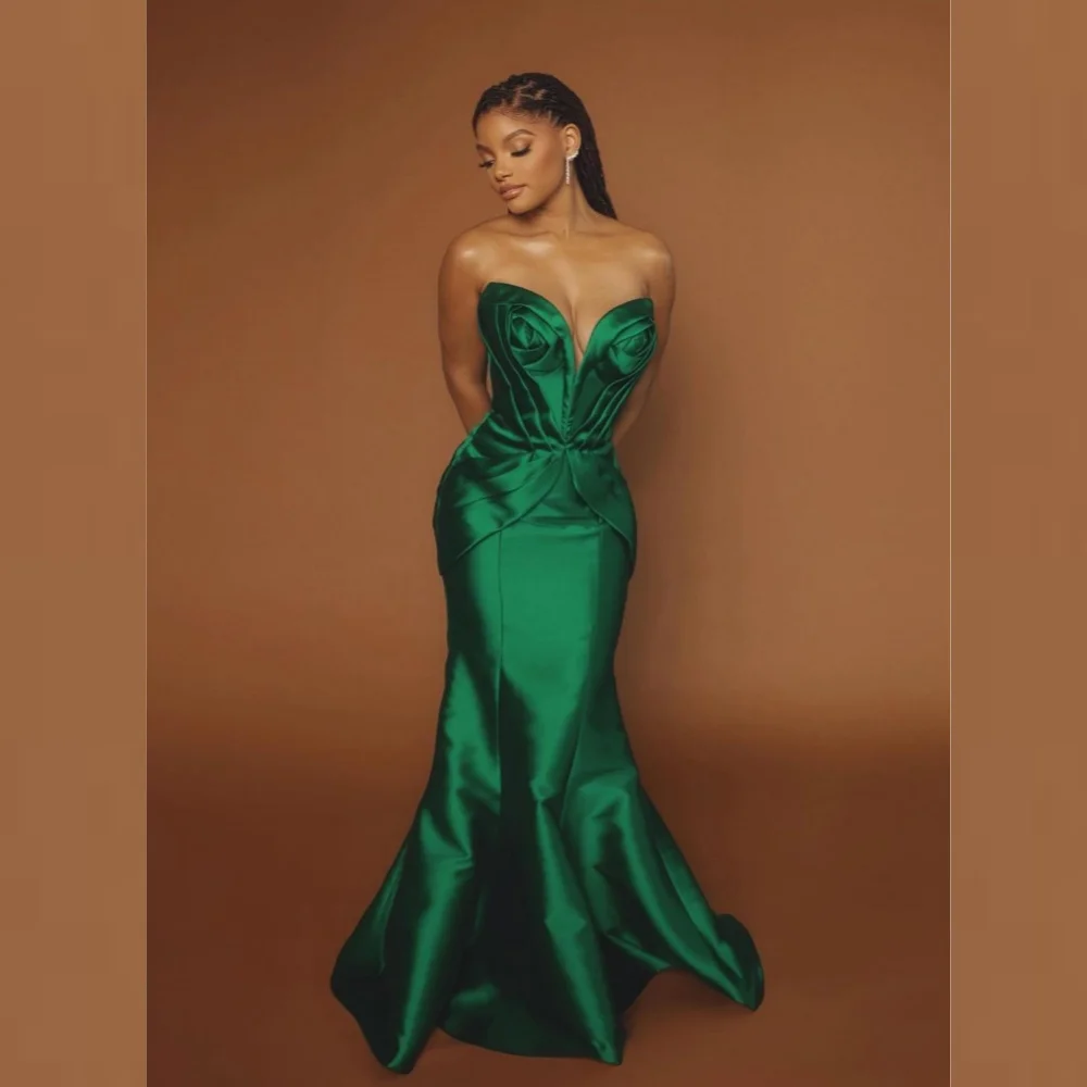  Evening Saudi Arabia Satin Ruched Christmas Mermaid V-neck Bespoke Occasion Gown Long Dresses