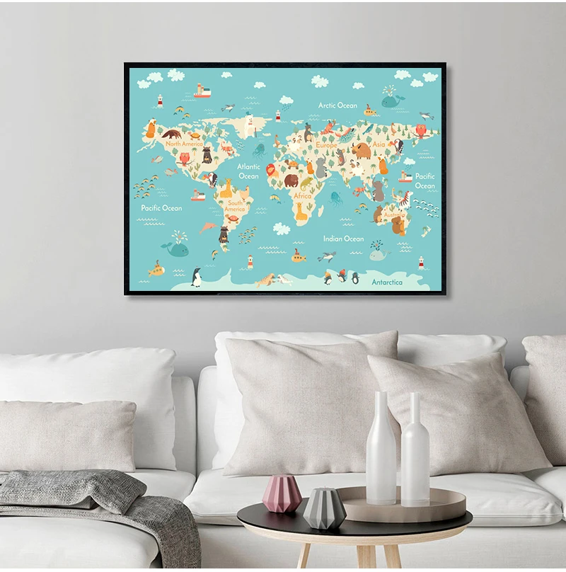 Cartoon Animal Ocean World Map Child Poster Nursery Canvas Print Baby Enlightenment Wall Art Picture Painting Kid Bedroom Decor