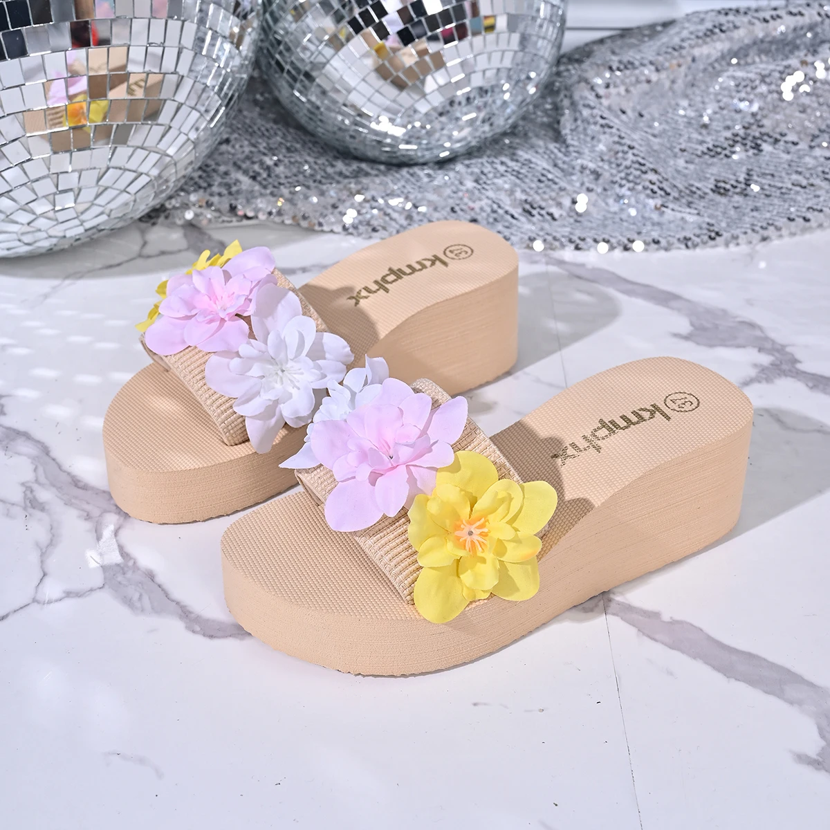 Sandalias de Plataforma con Flores de Tela Tricolor, Suela Gruesa, Aumentan la Altura, Antideslizantes, Pantuflas Casuales para Vacaciones al Aire Libre