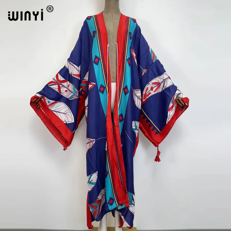 Imagem -04 - Winyi Novo Biquíni de Algodão Doce Senhora Rosa Boho Impressão Auto com Cinto Frente Aberta Longo Kimono Vestido Praia Túnica Vestido Bodycon Feminino Vestidos 2023