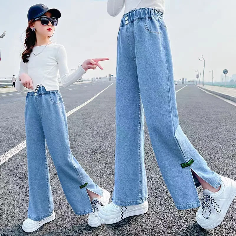 2023 Autumn Girls Jeans For Girl Teenage Elastic High Waist Denim Wide Leg Pants Kids Straight Trousers Children Ripped Jeans