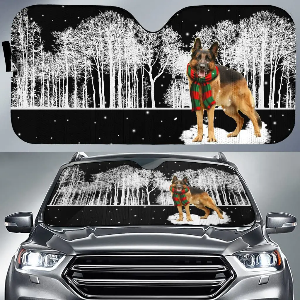 Black Tan German Shepherd with Scarf in Snow Christmas Car Sunshade, Auto Sunshade for German Shepherd Lovers Gift, Car Windshie