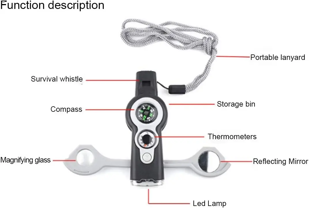 Multifunctional 7-in-1 Outdoor Rescue Emergency Survival Whistle with Mirror Magnifier Thermometer Compass LED Light