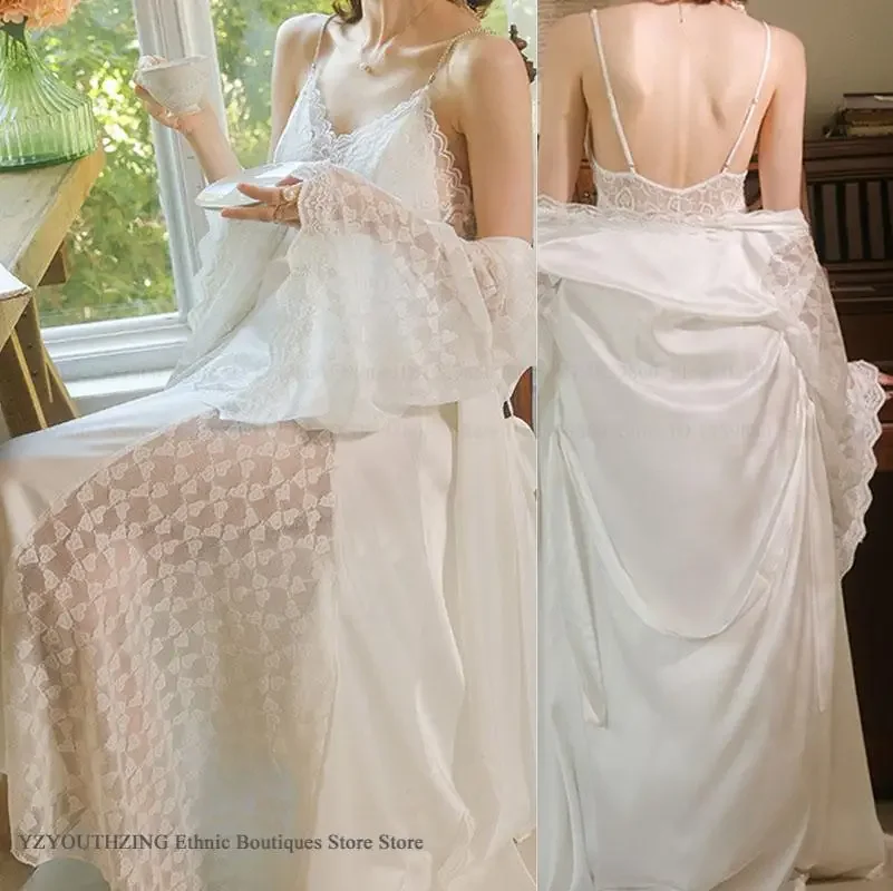 

Women's Sleepwear Sexy Lace Long Robe Nightgown Set Summer New Sleepwear Bathrobe Kimono Yukata Gown Elegant Rayon Homewear