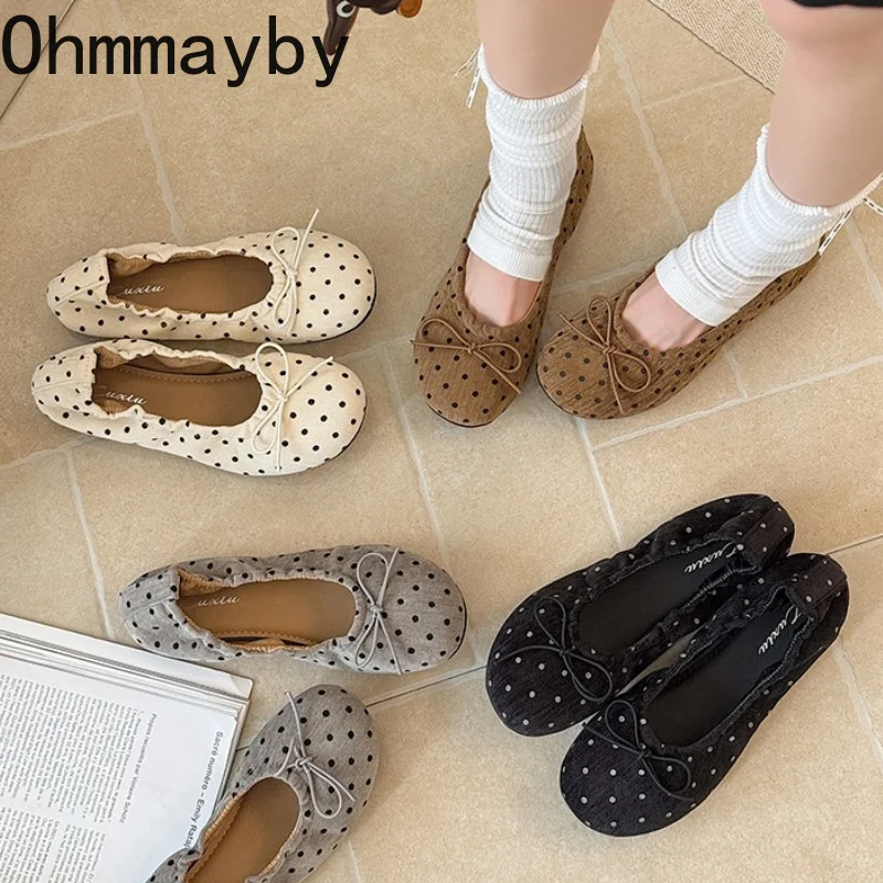 2027 Spring Autumn Women Polka Dot Mary Jane Shoes Bow Strap Soft Slip On Casual Flat Shoes Ladies Daily Dress Ballet Shoes
