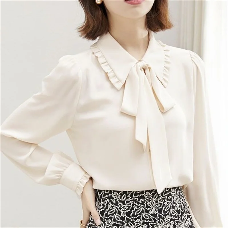 Woman Spring Autumn Style Blouses Shirts Lady Casual Long Sleeve Stand Collar Bow Tie Decor Blusas Top G2642