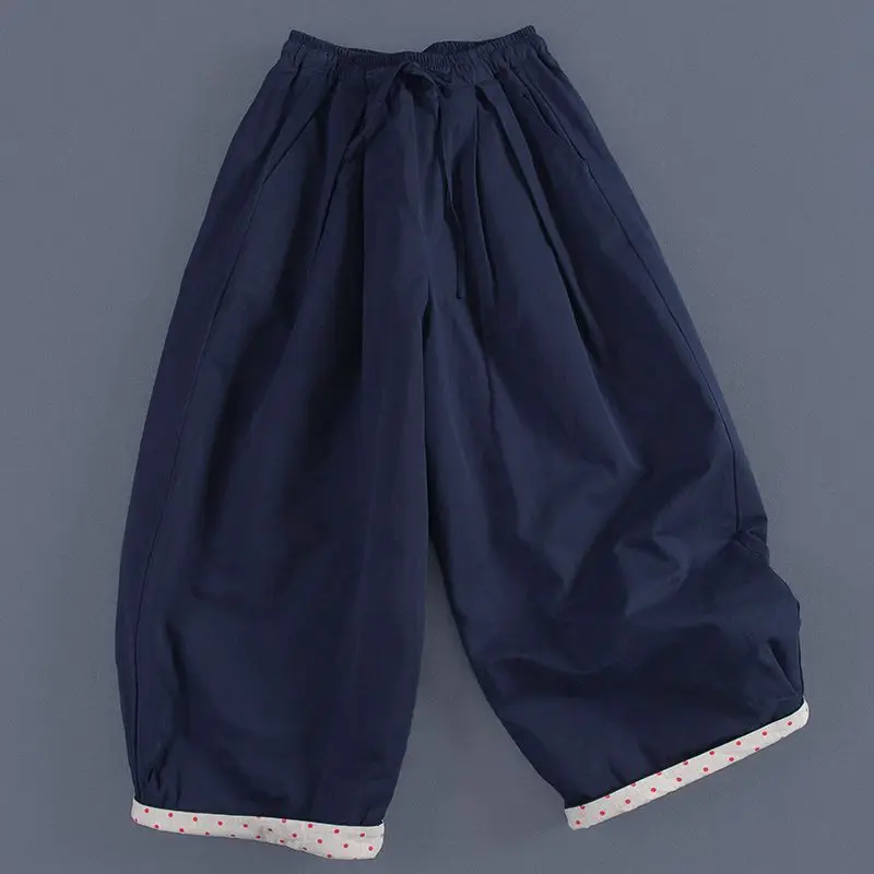 

Широкие хлопковые брюки в китайском стиле, женские осенние новые универсальные синие женские брюки с волнистой точкой и эластичной резинкой на талии