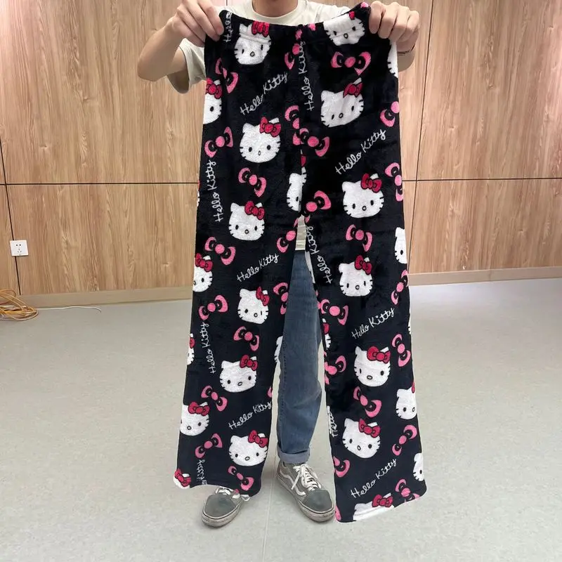 Hello Kitty Pyjamabroek Zwart Flanel Vrouwen Sanrio Kawaii Wollen Witte Cartoon Casual Thuis Broek Herfst Mode Broek Geschenken