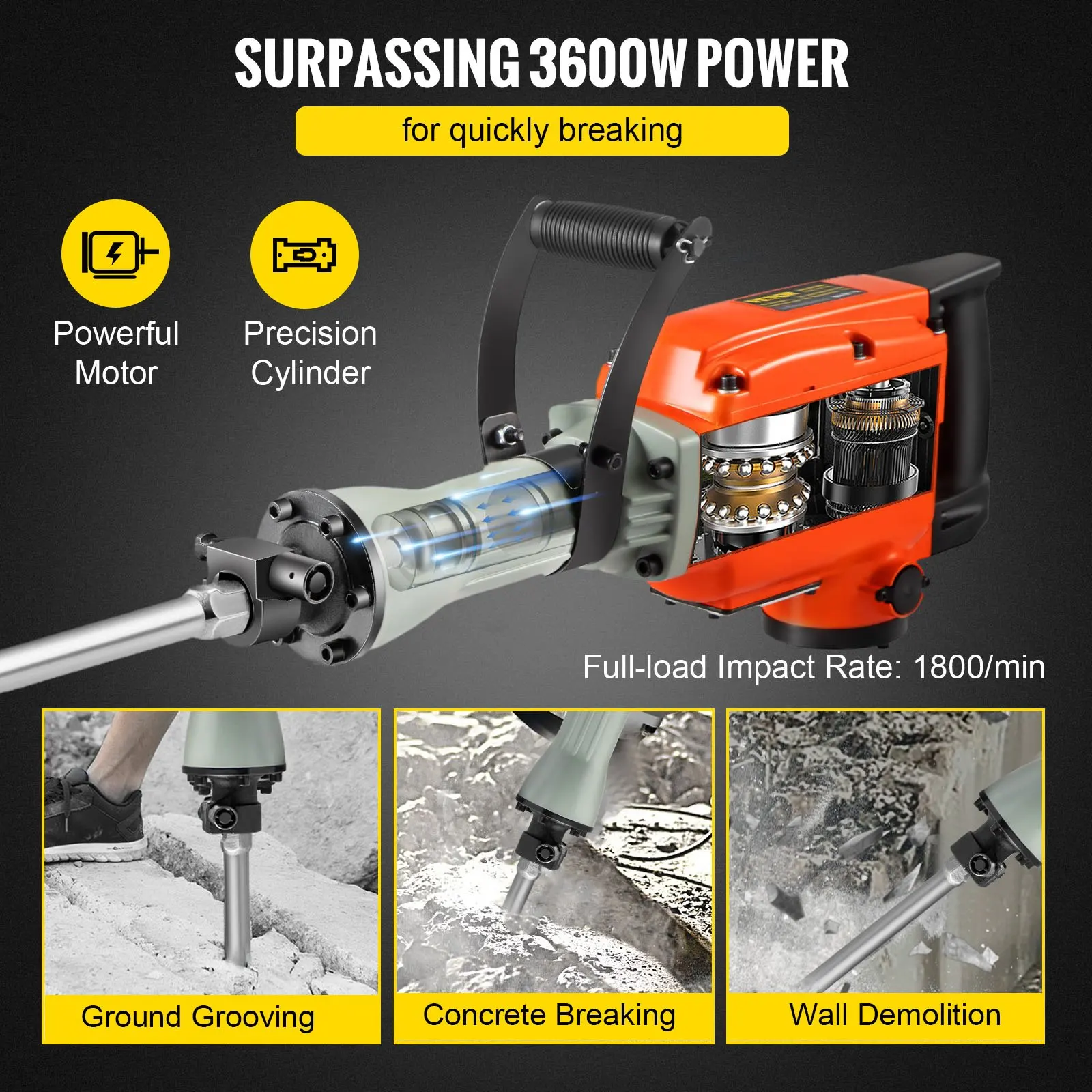 Demolition Jack Hammer 3600W Jack Hammer Concrete Breaker 1800 BPM Heavy Duty Electric Jack Hammer 6pcs Chisels 360 Swiveling