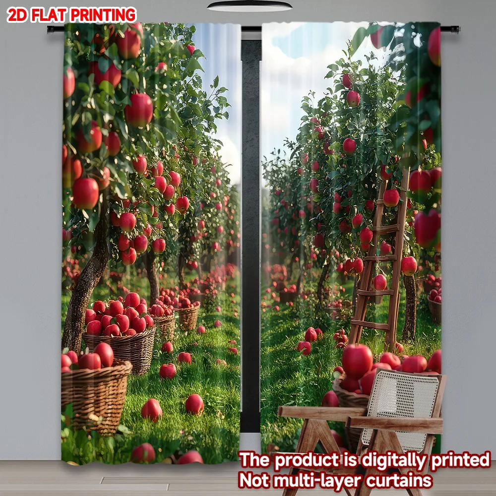

2D flat printing 2pcs Scene Curtain Apple Orchard Harvest Digital Printed Polyester Drapes Birthday Party Perfect for Indoor
