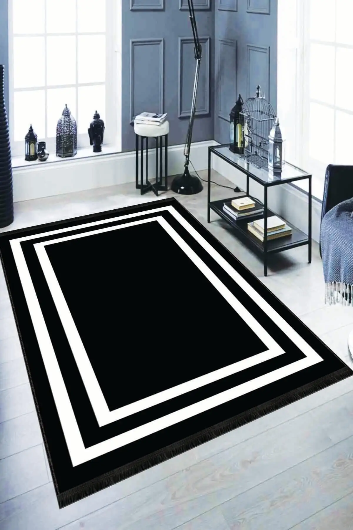 Beenda Washable Non-Slip Bottom Corridor Rug Black White Stripe