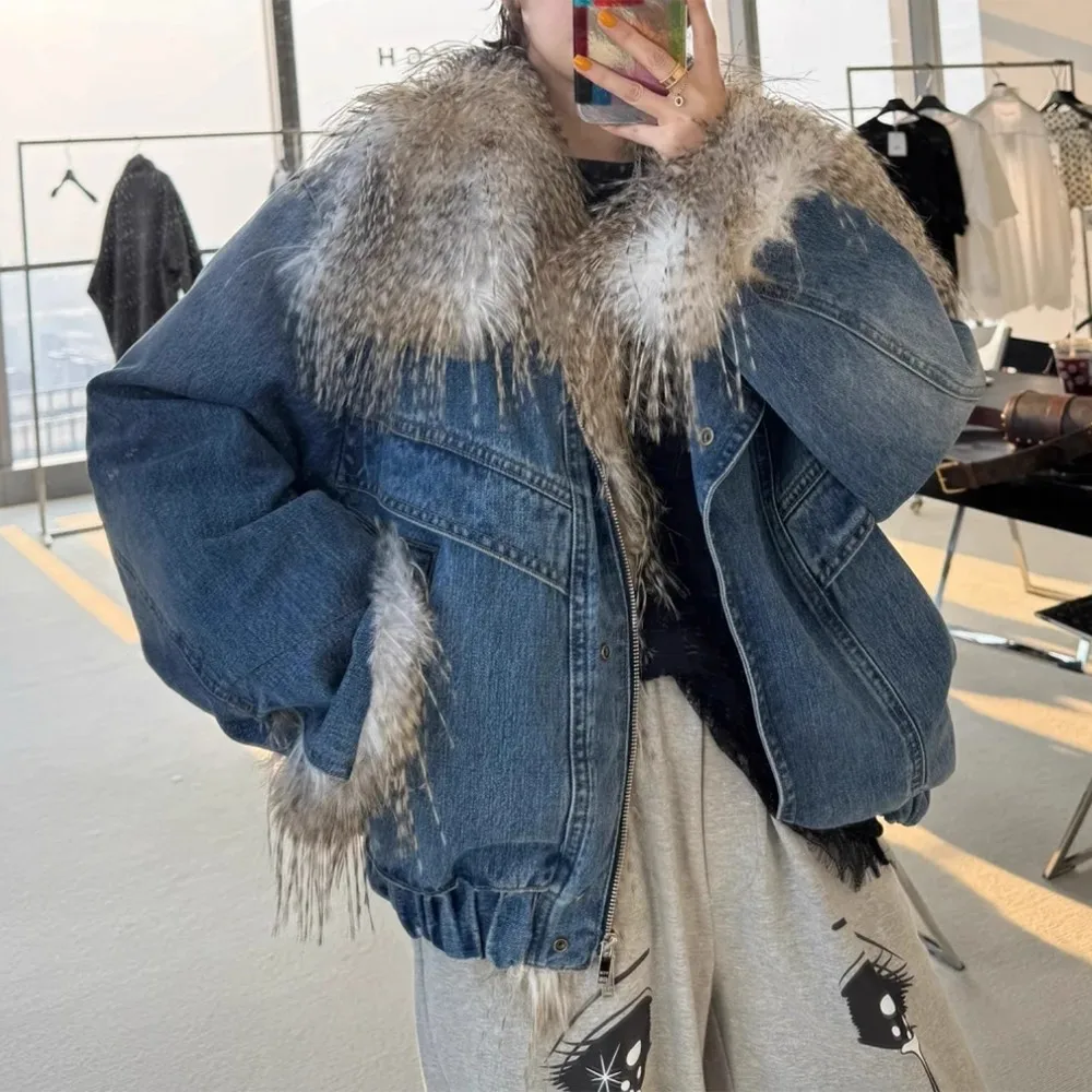 TWOTWINSTYLE Blue Spliced Fur Basics Jacket Female Lapel Long Sleeve Loose Streetwear Retro Women's Jackets Autumn Fashion New