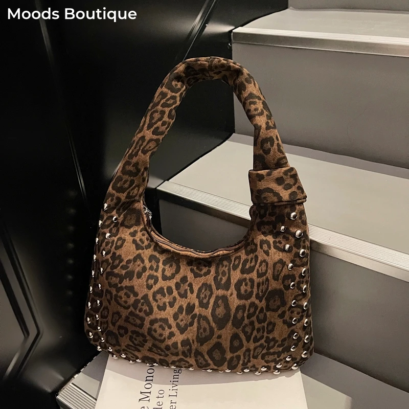 

MOODS Studded Leopard Shoulder Hobo Bags For Women PU Suede Rivets Decor Wild Fashion Tote Bag 2025 New Luxury Designer Handbags