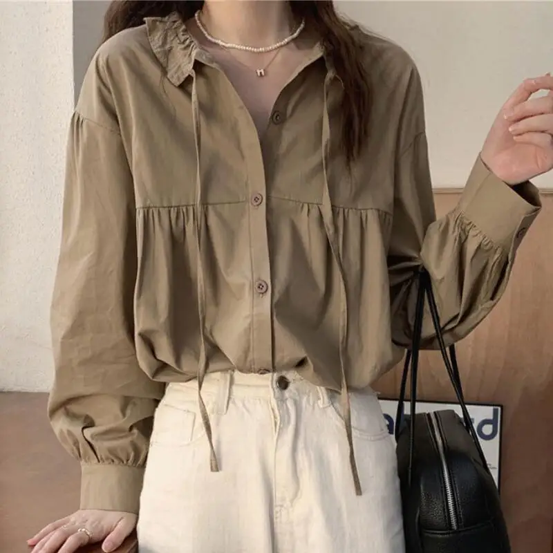 

French Style Womens Long Sleeve Blouse with Ruffled Collar Made of Viscose for Women Casual Wear Retro Loose Long Sleeve Blouse