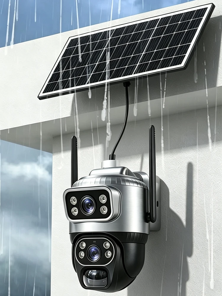 V380 4G Solarkamera für den Außenbereich, wasserdicht, Dual-Objektiv, Batteriebetrieb, PTZ CCTV-Monitor, unterstützt Zwei-Wege-Sprachfunktion, PIR-Bewegungserkennung, Nachtsicht mit 8W Solarpanel.