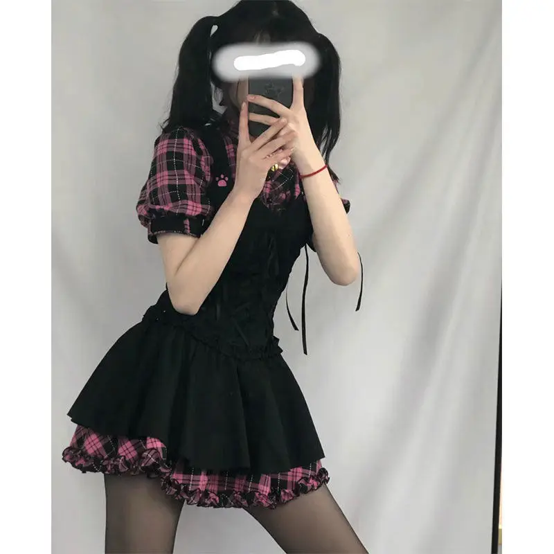 Lolita Harajuku Women Dresses Plaid 2022 Kawaii Fairy Clothes Short Sleeve Midi Dress Bow Strap Cottagecore Robe Student