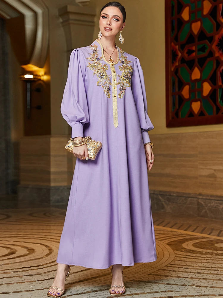 

Bead String Embroidery Dress Spring Autumn Elegant Temperament Retro Style Loose Lantern Sleeves Arabic Women's Long Dress