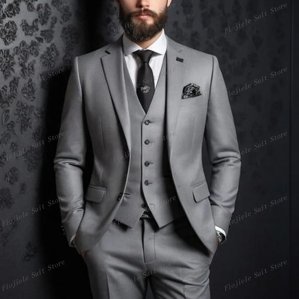 New Grey Business Men Suit Groom Groomsman Prom Wedding Party Male Formal Occasion Tuxedos 3 Piece Set Blazer Vest Pants