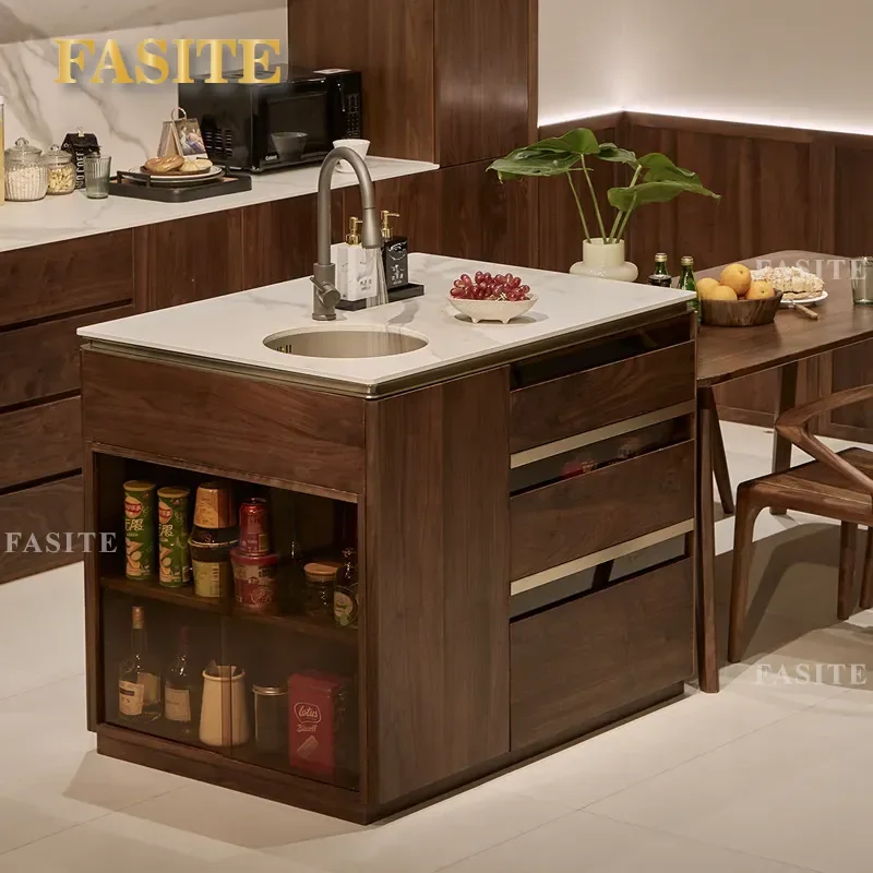 for North American Black Walnut Solid Wood Slate Island Simple Bar Side Cabinet Integrated Dining Table Middle Island Cabinet
