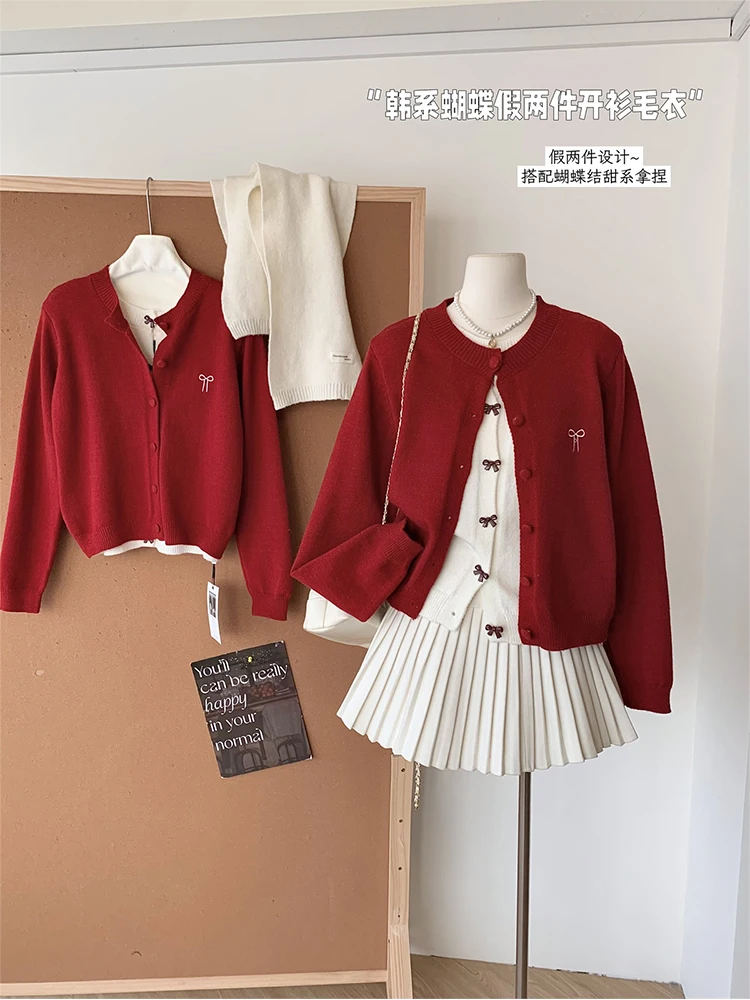 Winter Women Korean Fashion Cardigan Long Sleeve Fake Two Pieces Knitwear 2000s Aesthetic Mori Girl Cuddly christmas Red Sweater