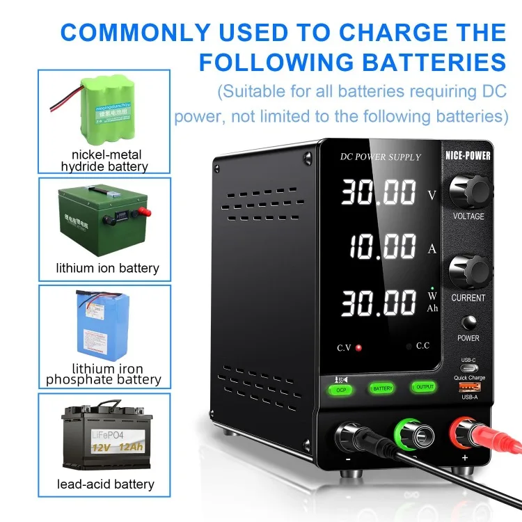 DC Power Supply Variable 30V 10A, 300W Encoder Adjustable 6V 12V 24V LiFePO4 Lithium Ion etc. Battery Charger Regulated Lab