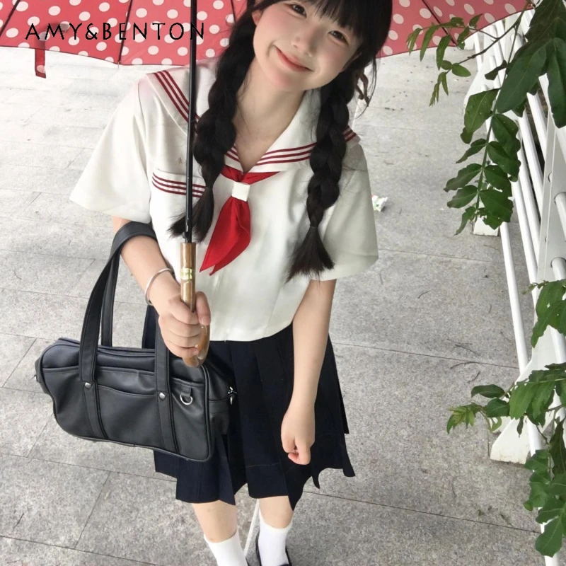 

Japanese Jk Uniform College Style Sailor Collar Summer Red and White Color Matching Stripes Loose Short Sleeve Pocket Top Girl