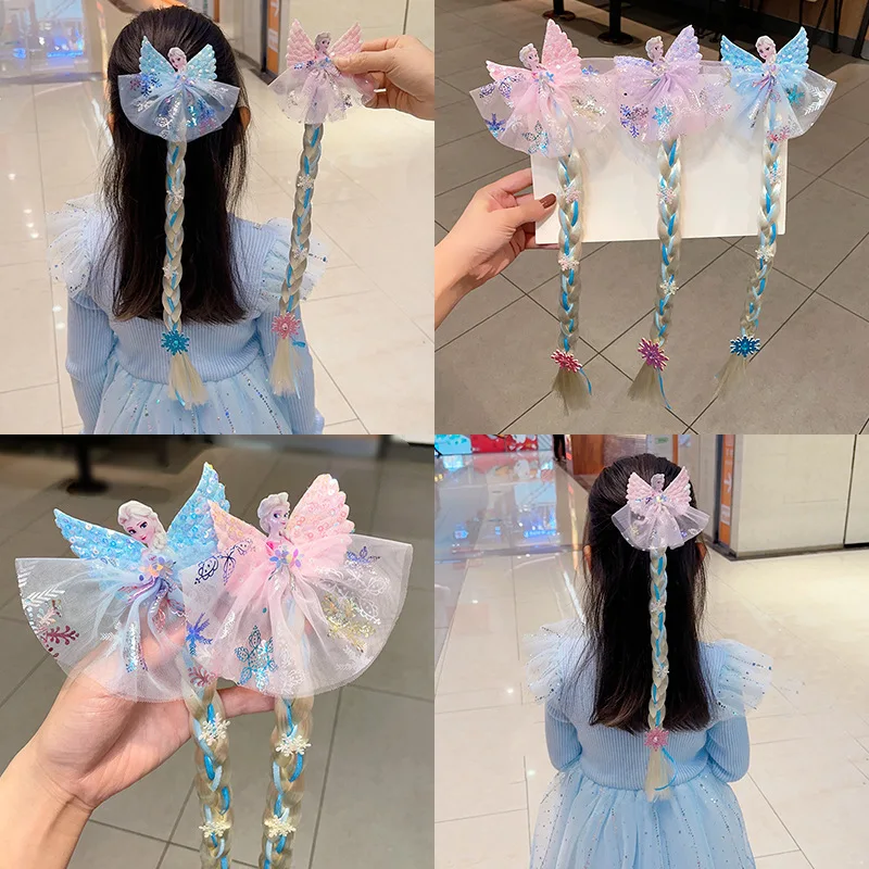 New Disney Frozen Princess Headwear Cute Cartoon Princess Elsa Winged Tassels Wig Braid Hair Clips for Baby Girls Hair Accessory