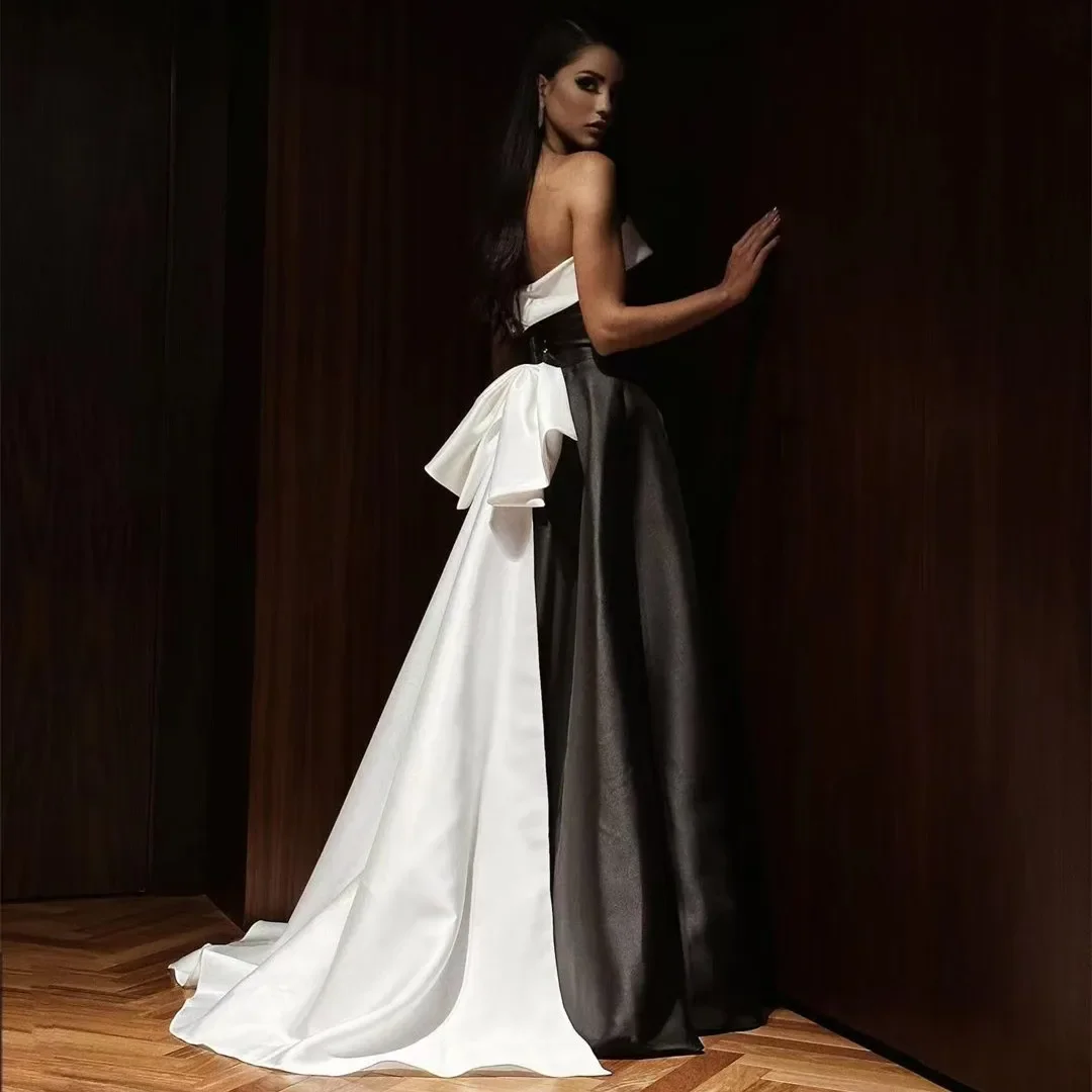 

Customized Saudi Prom Dresses Black and White Satin A Line Long Evening Dresses Strapless Women Special Banquet Party Gowns