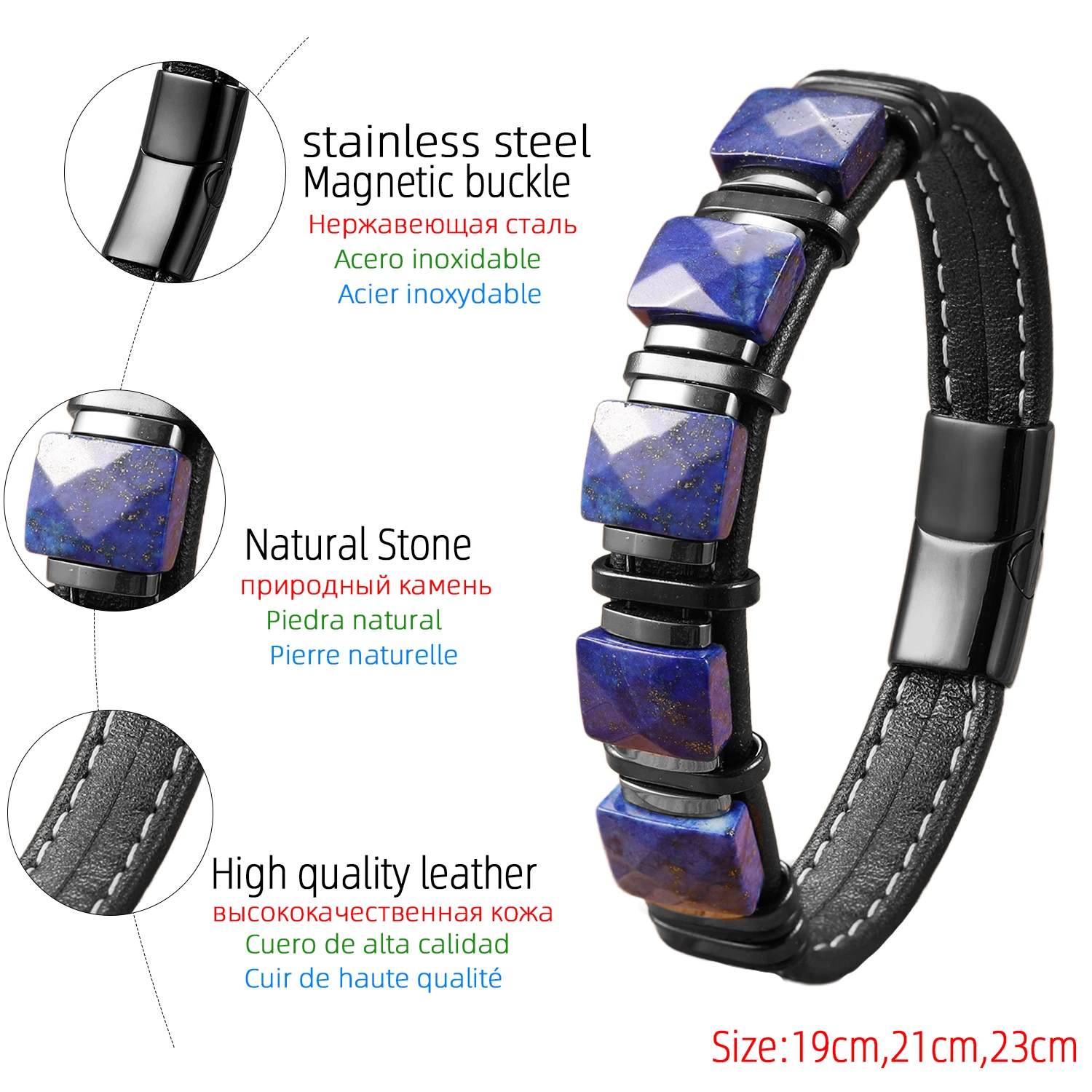 Naturfarbener Stein, Lederband-Armband, Edelstahlverschluss, Boho-Chic-Heilkristallschmuck, Geschenk für Frauen und Männer – Detail 11